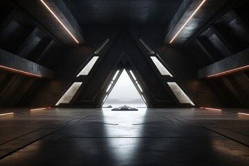 Futuristic hallway with glowing neon lights and a view of distant mountains.