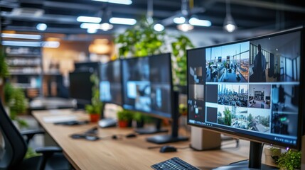 Modern office with multiple monitors displaying surveillance footage from various locations