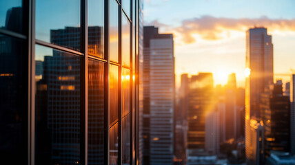 The golden hues of the setting sun illuminate the glass facades of tall buildings, capturing the serene beauty of urban architecture at dusk.
