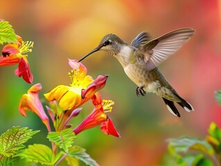 Fototapeta premium A hummingbird feeding at a bright flower