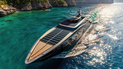 Obraz premium A luxury yacht equipped with the latest in solar technology sailing near a pristine coast