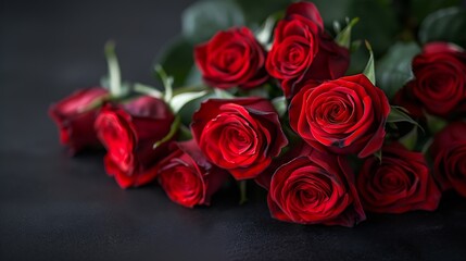 Obraz premium Bouquet of dark red roses on a black background Blur and selective focus Low key photo Extreme Flower Closeup Moody flowers : Generative AI