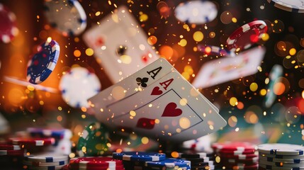 A pair of aces, hearts and clubs, fall onto a table with a stack of colorful casino chips, surrounded by bokeh lights.