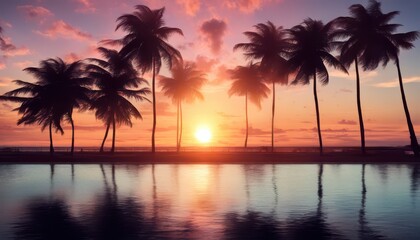 Fototapeta premium Silhouettes of palm trees stand tall against a vibrant sunset over a calm ocean.