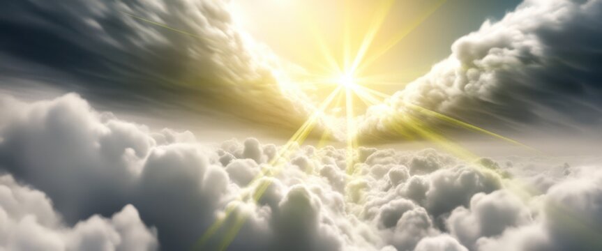 Sunlight breaks through dark clouds, illuminating fluffy white clouds below.