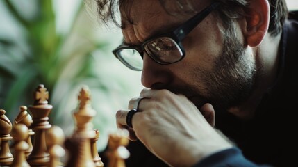 A chess player, deep in thought, analyzing the board with intense focus in a serene environment, capturing the essence of strategic planning.