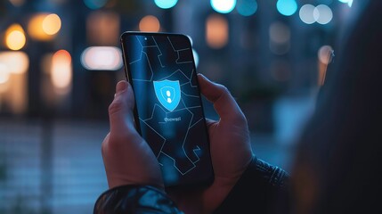 A person holds a phone displaying a shield icon and the screen in a nighttime city setting.