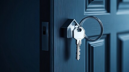 Open the door and door handle with a key and a keychain shaped house. Property investment and house mortgage financial real estate concept
