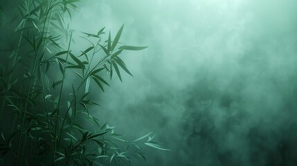 Green bamboo in the fog with stems and leaves behind frosted glass Nature exotic background : Generative AI