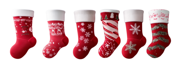 Set of Festive Red Christmas Stockings with Various Holiday Designs isolated in transparent background.