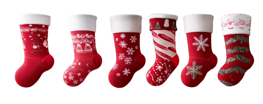 Set of Festive Red Christmas Stockings with Various Holiday Designs isolated in transparent background.