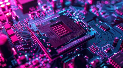 A close-up view of a computer motherboard with a processor in focus, illuminated by purple and pink lights.