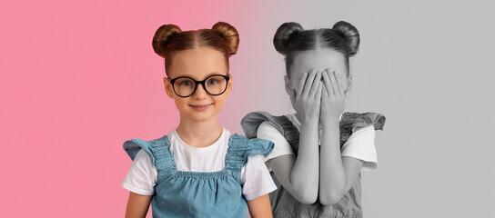 A cheerful young girl with glasses smiles brightly on one side, showcasing her playful personality. On the other side, a black-and-white version of her covers her face with her hands