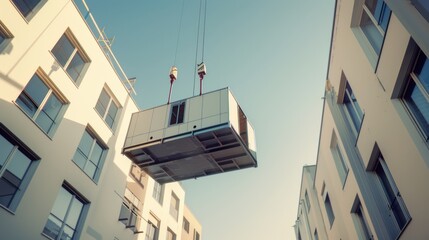 A large modular construction unit is being hoisted by cranes between two modern buildings under a...