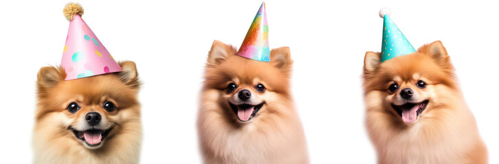 Three cute Pomeranian dogs wearing colorful party hats, png, cutout