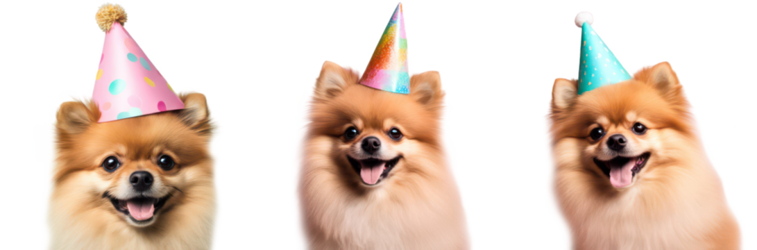Three cute Pomeranian dogs wearing colorful party hats isolate on transparent background, png, cutout - Powered by Adobe
