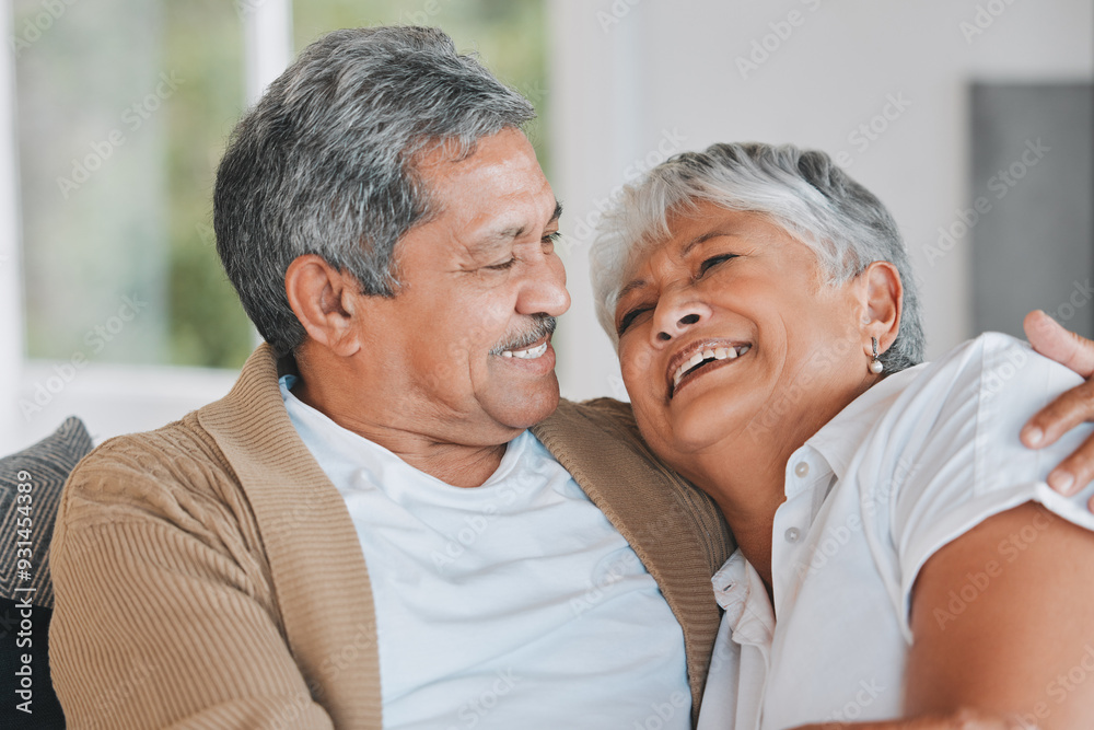 Canvas Prints Old couple, hug and happy laugh in home, weekend romance and couch date in retirement for love. Senior people, funny conversation and marriage cuddle on sofa, talking embrace and joke for bonding