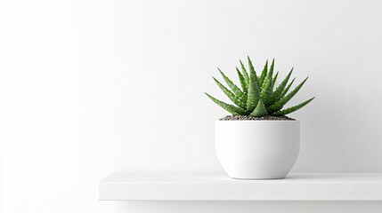 Close-Up of a Potted Succulent on White Shelf with Minimalist Background