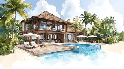 Fototapeta premium Watercolor Painting of a Tropical Villa with a Swimming Pool.