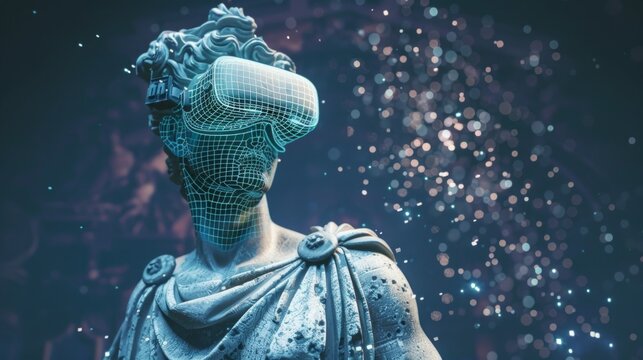 Classical bust wearing VR headset, blending ancient art with modern technology, colorful bokeh lights, virtual and augmented reality in art, futuristic digital experience.