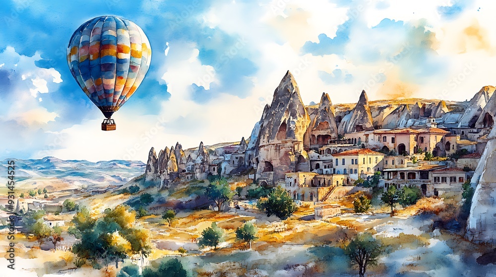 Sticker Watercolor Painting of Hot Air Balloon Over Cappadocia, Turkey.