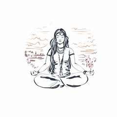 Silhouette of yoga woman hand drawn illustration isolated .