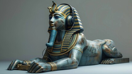 Fototapeta premium Egyptian Sphinx with Modern Headset Playing Video Games - Fusion of Ancient and Modern Technology
