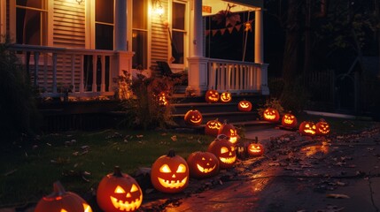 Obraz premium A house porch warmly glowing with jack-o'-lanterns on a rainy Halloween night, creating an inviting yet haunting atmosphere on the slick stone path.