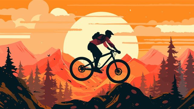 Extreme mountain biker jumping on rock hills, on a mountainous, beautiful wild nature background during sunset, vector illustration.