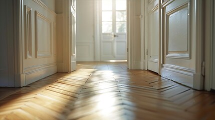 Obraz premium General view of two adjacent small bright rooms with parquet floors : Generative AI