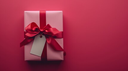 A beautifully wrapped pink gift box adorned with a shiny red ribbon and a blank tag, placed on a vibrant red background.