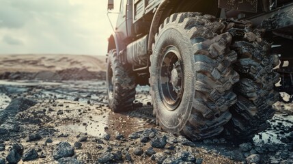 A rugged off-road vehicle navigating through muddy terrain, showcasing its powerful wheels and robust design under a cloudy sky.