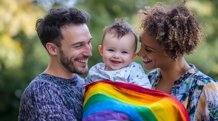 Happy interracial parents with smiling baby wrapped in a rainbow flag, celebrating diversity, LGBTQ pride, and family love