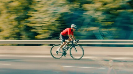 A cyclist in a red jersey dashes along a sun-dappled road, evoking a sense of speed, freedom, and the joy of cycling.