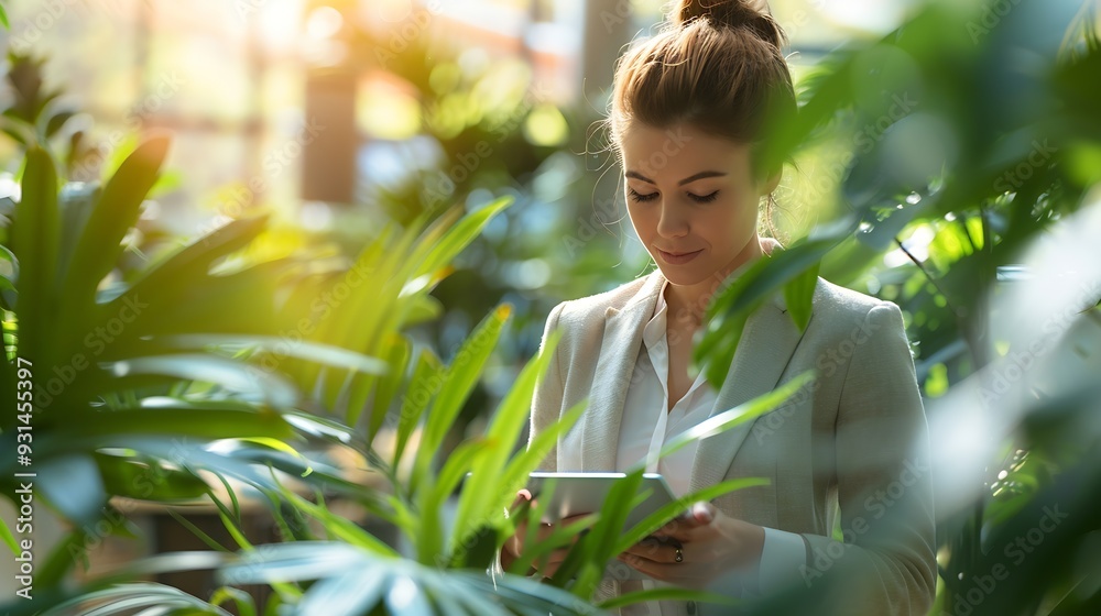 Poster a focused woman in business attire efficiently works on a tablet in a modern sunlit office space wit