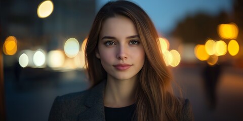 A woman with long brown hair and a black shirt is standing in front of a blurry background. The image has a moody and mysterious feel to it, as the woman's face is the only clear