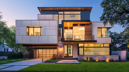 A stunning modern house with sleek lines and a spacious design, highlighted by warm lighting and expansive windows showcasing the stylish interior.