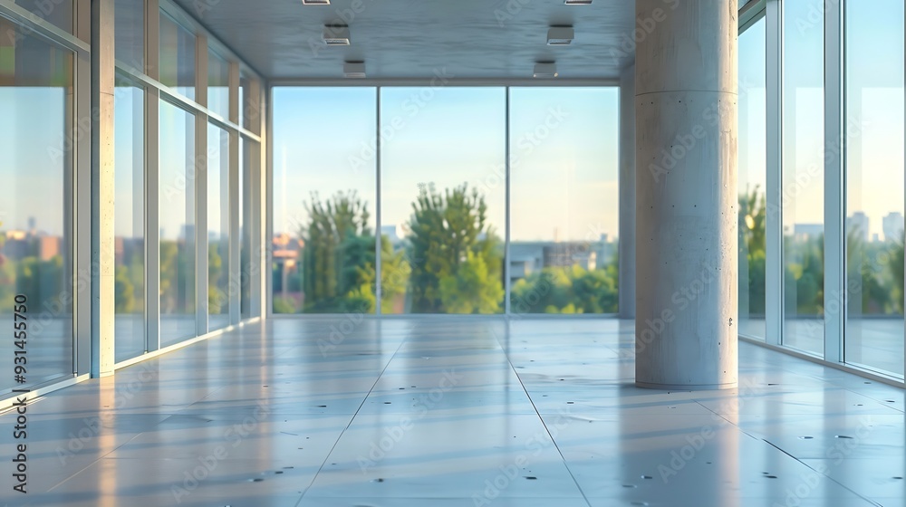 Poster interior design of a room in a new building with large windows : Generative AI
