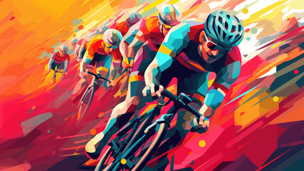 Bicycle racers competing on cycling championship. Cycle sports event, abstracrt style colorful vector illustration.