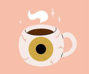 Vector collection of cute Halloween mugs. Hot cocoa, coffee and tea cups with cute faces, witch hat, black bat wings with stars and mummy, eye ball. Flat cartoon illustration on pink background