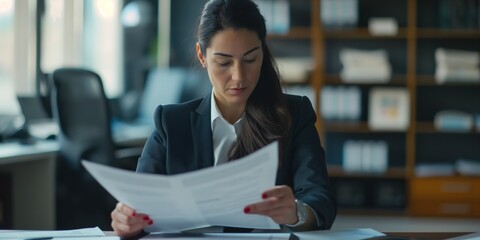 A young CEO businesswoman is reading a report at her desk, engaged in finance analysis and documentation.