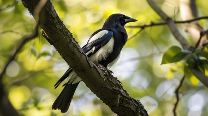 Magpie perched on a tree branch its glossy black and white feathers shimmering in the sunlight