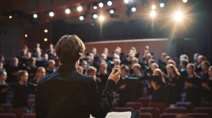 A conductor leading a choir in a warmly lit auditorium, capturing the harmony and unity of the choral performance in progress.