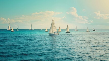 Fototapeta premium Numerous sailboats gliding across a calm, blue sea under a bright, clear sky, portraying a serene and picturesque nautical scene.