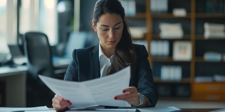 A young CEO businesswoman is reading a report at her desk, engaged in finance analysis and documentation.