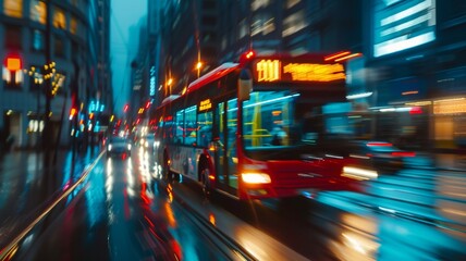 Bus navigating city traffic captured road