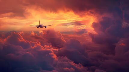 Fototapeta premium Commercial airplane flying above dramatic clouds during sunset. 