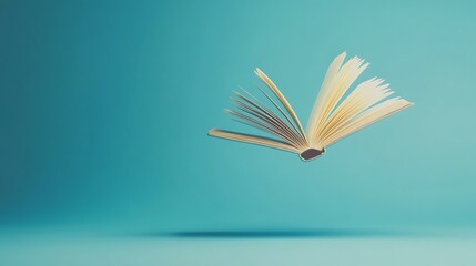 Open book floating in mid-air against a blue background.