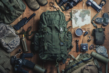 Green military backpack surrounded by gear and supplies guns and tactical equipment for soldier. Military ready for action war army concept