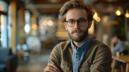 Obraz premium Portrait glasses and business man with arms crossed in startup office for pride in career or job Creative face and confident professional entrepreneur copywriter and employee coworking : Generative AI